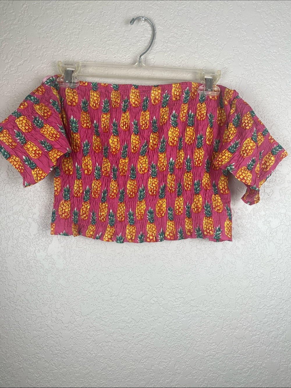 Women's Pink Pineapple Print Off-Shoulder Top Summer Beach Large